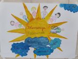 Plakat: Słońce otoczone przez dzieci i hasła dotyczące tolerancji.