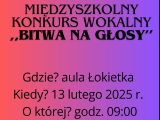 Różowy plakat z napisem: Międzyszkolny konkurs wokalny Bitwa na głosy
