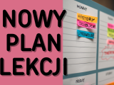 Na różowym tle czarny napis "Nowy plan zajęć". Oboknapisu grafika kartki z planem.
