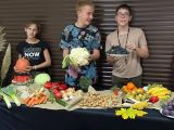 Stół z poukładanymi na nim orzechami, marchewkami, paprykami, porami i główkami kapusty. Za stołem troje uczniów z darami...