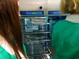 Dwie uczennice liceum w zielonych fartuchach stooja przy metalowym dużym koszyku w laboratorium szpitalnym.