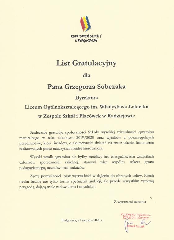 List gratulacyjny Kujawsko-Pomorskiego Kuratora Oświaty dla maturzystów. U góry logo Kuratorium, pod logo tekst listu.