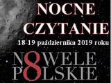 Plakat informacyjny promujący nocne czytanie. Na czarnym tle napis "Nocne czytanie, nowele polskie".