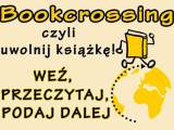 Baner reklamowy promujący akcję bookcrossingu. Grafika: żółta książka chodzi po żółtej kuli ziemskiej.