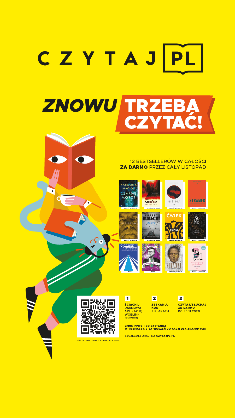 Żółty plakat promujący akację czytaj.pl. Na plakacie 12 okładek książek i napis "Znowu czytamy".