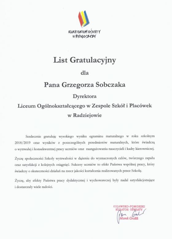 List gratulacyjny Kujawsko-Pomorskiego Kuratora Oświaty dla maturzystów. U góry logo Kuratorium, pod logo tekst listu.