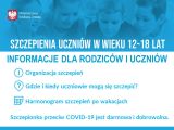 Szczepienia dla uczniów w wieku 12-18 lat - plakat informacyjny w kolorze białym i niebieskim.