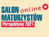 Po środku niebieski napis: "Salon maturzystów", pod którym znajdyuje się biały napis na czerwonym tle "Perspektywy 2021".