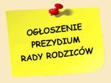 Żółta karteczka (fiszka) z czarnym napisem "Ogłoszenie Prezydium Rady Rodziców".