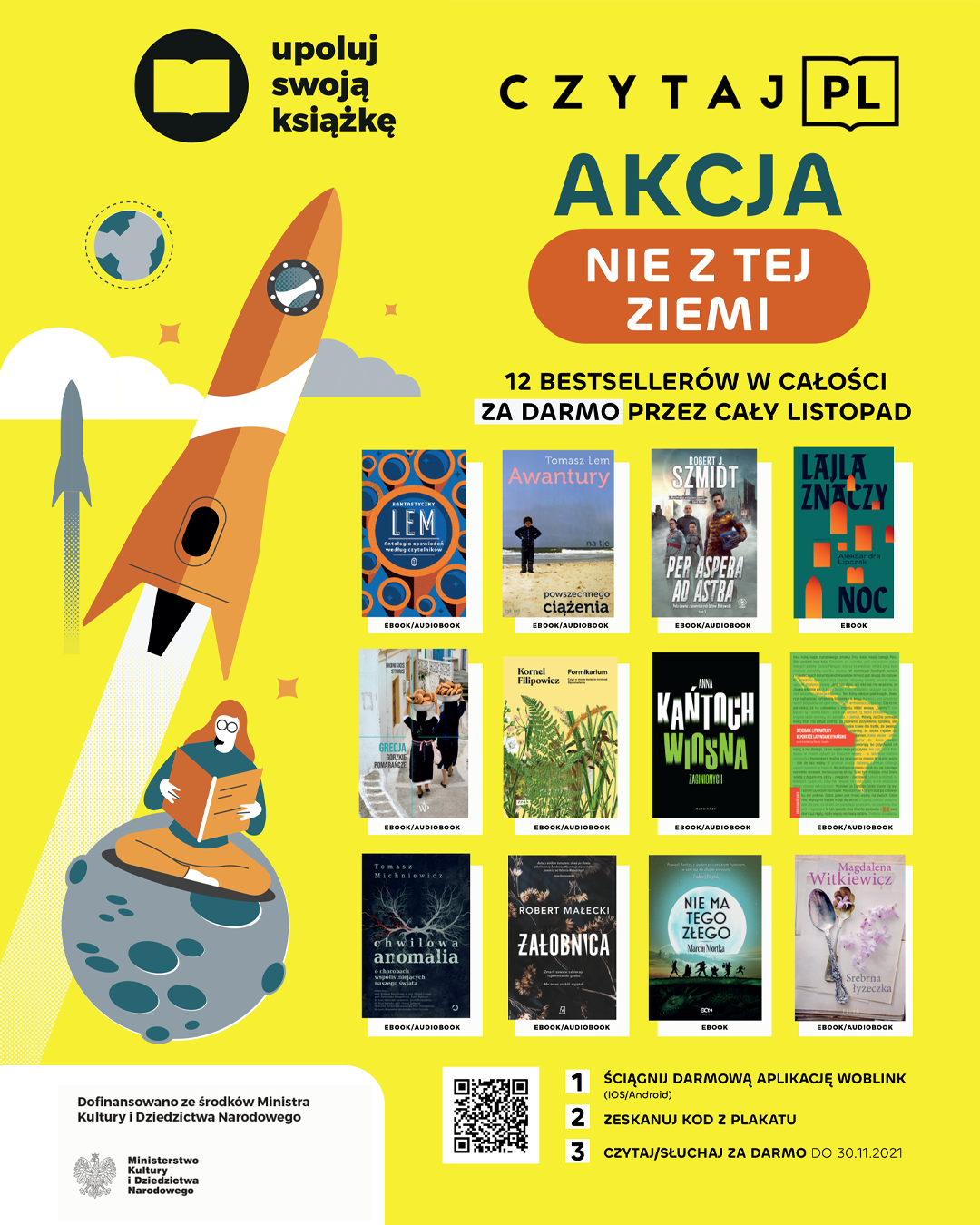 Żółty plakat promujący akację czytaj.pl. Na plakacie 12 okładek książek i napis "Akcja nie z tej Ziemi".