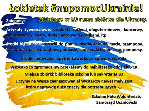 Flaga Ukrainy: niebiesko-żółta. Na tle flagi czarny tekst.
