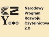 Czarny napis "Narodowy Program Rozwoju Czytelnictwa 2.0". Z lewej strony logo programu.