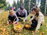 Dwie dziewczynki i chłopiec zbierają żółte liście do wiklinowego koszyka