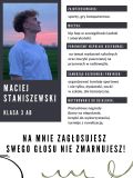 Plakat. Na białym tle czarny tekst. W lewym górnym rogu, na czarnym tle zdjęcie chłopaka.