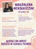 Plakat. Na różowym tle czarny tekst i fioletowe napisy. W lewym górnym rogu zdjęcie dziewczyny. Na plakacie różne kształty.