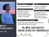 Plakat. Na białym tle czarny tekst. W lewym górnym rogu, na czarnym tle zdjęcie chłopaka.