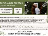 Plakat. Na białym tle czarny tekst. U góry na zielonym tle zdjęcie dziewczyny w okularach.