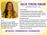 Plakat. Na żółtym tle czarny tekst i fioletowe napisy. W lewym górnym rogu zdjęcie dziewczyny. Na plakacie różne żółte...