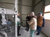 Czworo uczniów przesypuje w dłoniach mąkę. Obok park maszynowy