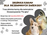 Plakat: na białym tle brązowe i czarne napisy. W lewym dolnym rogu grafika psa i kota.