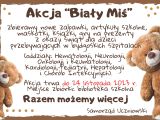 Na białym tle brązowe napisy. Na lote w lewym i prawym brązowy pluszowy miś.