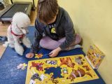 Dziewczynka siedzi na materacu, układa puzzle. Obok siedzi biały pudel.
