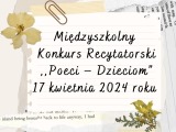 Na białej kartce napis "Międzyszkolny Konkurs Recytatorski "Poeci-Dzieciom"". U góry kartki spinacz. W narożnikach kwiaty.